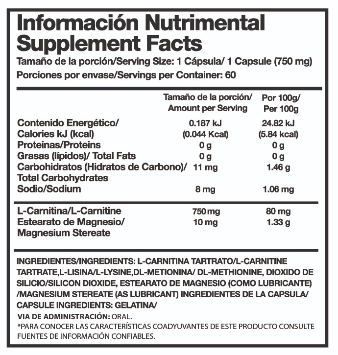 L-Carnitina 750mg 60 caps - Image 2